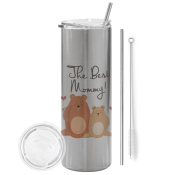 Mothers Day, bears, Eco friendly ποτήρι θερμό Ασημένιο (tumbler) από ανοξείδωτο ατσάλι 600ml, με μεταλλικό καλαμάκι & βούρτσα καθαρισμού