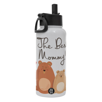 Mothers Day, bears, Metal mug thermo White with Straw and Spout Lid (Stainless steel), double wall, 950ml