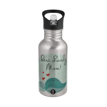 Mothers Day, whales, Water bottle Silver with straw, stainless steel 500ml