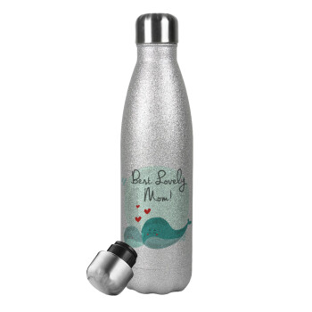 Mothers Day, whales, Metallic Glitter Silver Thermos Flask (Stainless steel), double-walled, 500ml