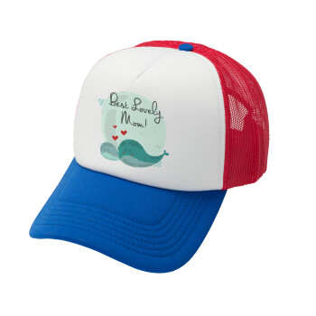 Mothers Day, whales, Adult Soft Trucker Hat with Red/Blue/White Mesh (POLYESTER, ADULT, UNISEX, ONE SIZE)