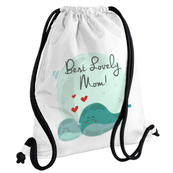 Mothers Day, whales, Backpack pouch GYMBAG white, with pocket (40x48cm) & thick cords