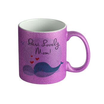 Mothers Day, whales, Κούπα Μωβ Glitter που γυαλίζει, κεραμική, 330ml