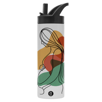 Women pregnant, Metallic thermos bottle with straw & handle, stainless steel (Stainless steel 304), double-walled, 600ml.