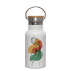 Metallic thermos (Stainless steel) White with wooden lid (bamboo), double-walled, 350ml