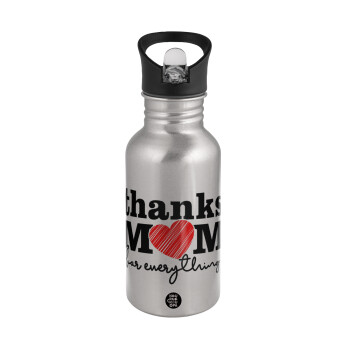 Thanks mom for everything, Water bottle Silver with straw, stainless steel 500ml