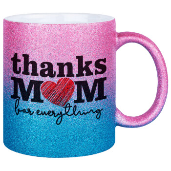 Thanks mom for everything, Κούπα Χρυσή/Μπλε Glitter, κεραμική, 330ml