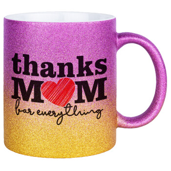 Thanks mom for everything, Κούπα Χρυσή/Ροζ Glitter, κεραμική, 330ml