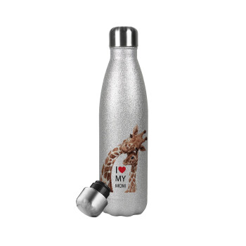 Mothers Day, Cute giraffe, Metallic Glitter Silver Thermos Flask (Stainless steel), double-walled, 500ml