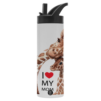 Mothers Day, Cute giraffe, Μεταλλικό παγούρι θερμός με καλαμάκι & χειρολαβή, ανοξείδωτο ατσάλι (Stainless steel 304), διπλού τοιχώματος, 600ml
