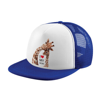 Mothers Day, Cute giraffe, Adult Soft Trucker Hat with Blue/White Mesh (POLYESTER, ADULT, UNISEX, ONE SIZE)