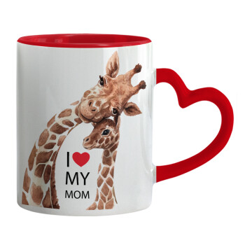 Mothers Day, Cute giraffe, Κούπα καρδιά χερούλι κόκκινη, κεραμική, 330ml