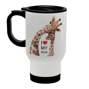 Mothers Day, Cute giraffe, Stainless steel travel mug with lid, double wall white 450ml