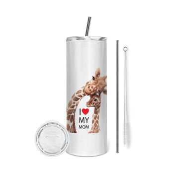 Mothers Day, Cute giraffe, Eco friendly ποτήρι θερμό (tumbler) από ανοξείδωτο ατσάλι 600ml, με μεταλλικό καλαμάκι & βούρτσα καθαρισμού