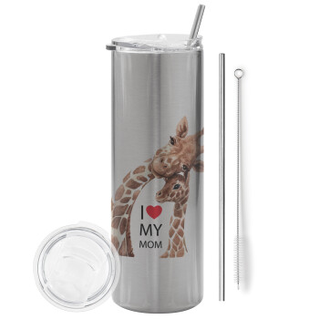 Mothers Day, Cute giraffe, Eco friendly ποτήρι θερμό Ασημένιο (tumbler) από ανοξείδωτο ατσάλι 600ml, με μεταλλικό καλαμάκι & βούρτσα καθαρισμού