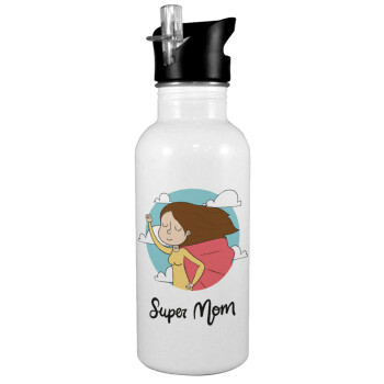 Super mom, White water bottle with straw, stainless steel 600ml