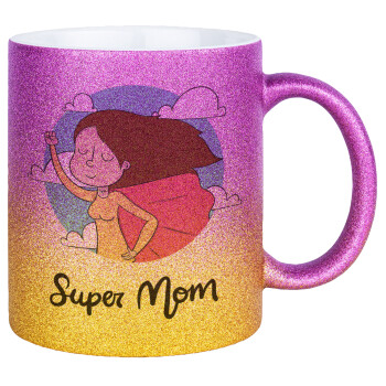 Super mom, Κούπα Χρυσή/Ροζ Glitter, κεραμική, 330ml