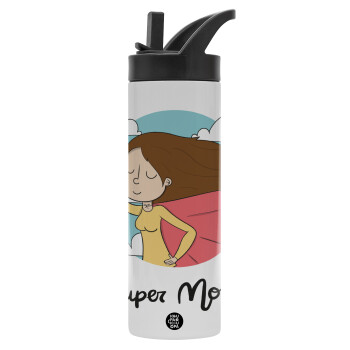 Super mom, Metallic thermos bottle with straw & handle, stainless steel (Stainless steel 304), double-walled, 600ml.