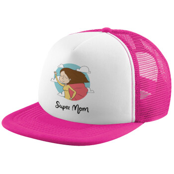 Super mom, Καπέλο Ενηλίκων Soft Trucker με Δίχτυ Pink/White (POLYESTER, ΕΝΗΛΙΚΩΝ, UNISEX, ONE SIZE)