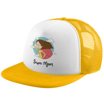 Super mom, Καπέλο Ενηλίκων Soft Trucker με Δίχτυ Κίτρινο/White (POLYESTER, ΕΝΗΛΙΚΩΝ, UNISEX, ONE SIZE)