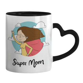 Super mom, Κούπα καρδιά χερούλι μαύρη, κεραμική, 330ml