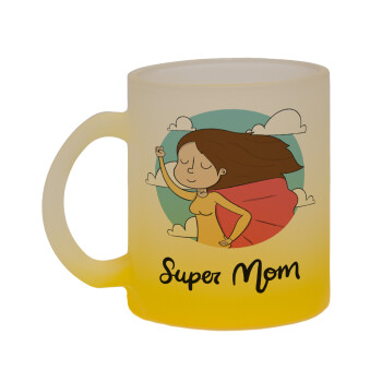 Super mom, Κούπα γυάλινη δίχρωμη με βάση το κίτρινο ματ, 330ml