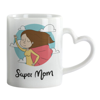 Super mom, Κούπα καρδιά χερούλι λευκή, κεραμική, 330ml