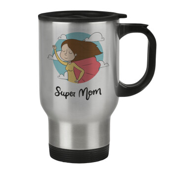 Super mom, Κούπα ταξιδιού ανοξείδωτη με καπάκι, διπλού τοιχώματος (θερμό) 450ml