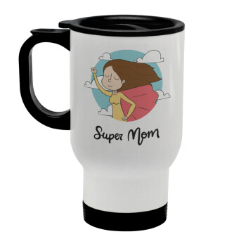 Super mom, Stainless steel travel mug with lid, double wall white 450ml