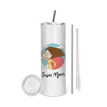 Super mom, Eco friendly ποτήρι θερμό (tumbler) από ανοξείδωτο ατσάλι 600ml, με μεταλλικό καλαμάκι & βούρτσα καθαρισμού