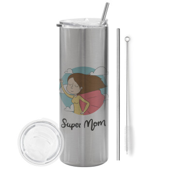 Super mom, Eco friendly stainless steel Silver tumbler 600ml, with metal straw & cleaning brush