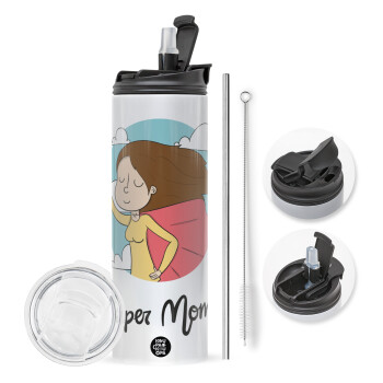 Super mom, Travel Tumbler θερμό με διπλό καπάκι, μεταλλικό καλαμάκι και βούρτσα καθαρισμού (Ανωξείδωτο 304 Food grade, BPA free, 600ml)