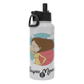 Super mom, Metal mug thermo White with Straw and Spout Lid (Stainless steel), double wall, 950ml