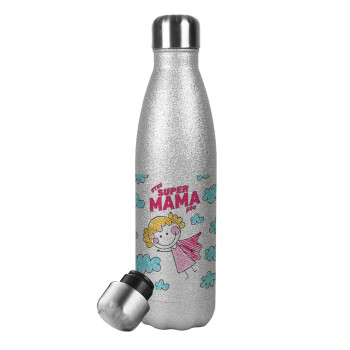 Στην SUPER μαμά μου, comic, Metallic Glitter Silver Thermos Flask (Stainless steel), double-walled, 500ml