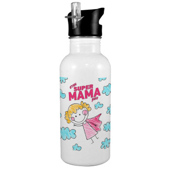 Στην SUPER μαμά μου, comic, White water bottle with straw, stainless steel 600ml