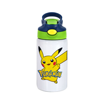 Pokemon pikachu, Children's hot water bottle, stainless steel, with safety straw, green, blue (350ml)