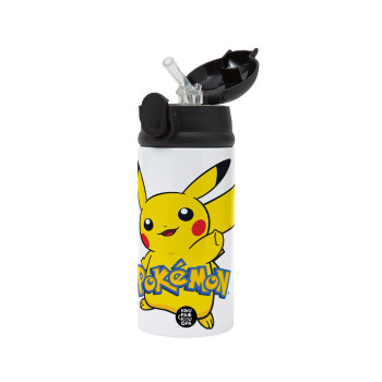 Pokemon pikachu, Children's hot water bottle, stainless steel, with safety straw, Black (360ml) BPA-FREE