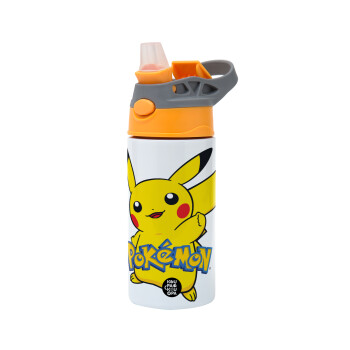 Pokemon pikachu, Children's hot water bottle, stainless steel, with safety straw, Orange/Grey (360ml) BPA-FREE