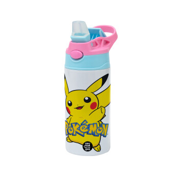 Pokemon pikachu, Children's hot water bottle, stainless steel, with safety straw, Pink/BlueCiel (360ml) BPA FREE