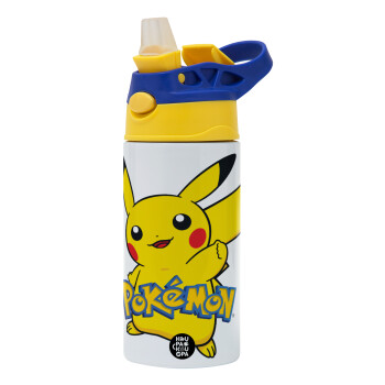 Pokemon pikachu, Children's hot water bottle, stainless steel, with safety straw, green, blue (360ml) BPA FREE