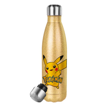 Pokemon pikachu, Glitter gold stainless steel thermos bottle, double-walled, 500ml