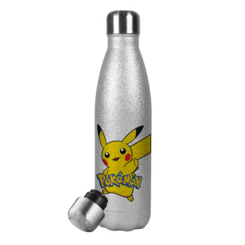 Pokemon pikachu, Μεταλλικό παγούρι θερμός Glitter Aσημένιο (Stainless steel), διπλού τοιχώματος, 500ml