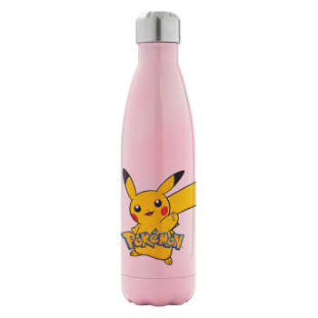 Pokemon pikachu, Metal mug thermos Pink Iridiscent (Stainless steel), double wall, 500ml