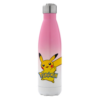 Pokemon pikachu, Μεταλλικό παγούρι θερμός Ροζ/Λευκό (Stainless steel), διπλού τοιχώματος, 500ml