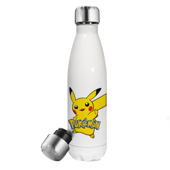 Pokemon pikachu, Metal mug thermos White (Stainless steel), double wall, 500ml