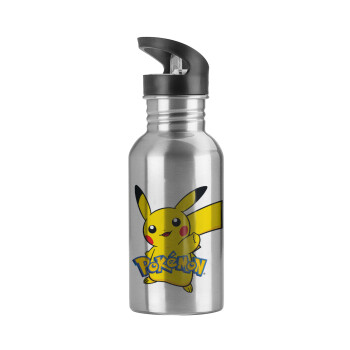 Pokemon pikachu, Water bottle Silver with straw, stainless steel 600ml