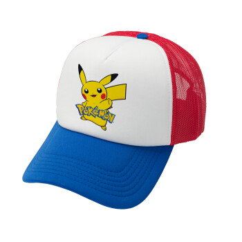 Pokemon pikachu, Adult Soft Trucker Hat with Red/Blue/White Mesh (POLYESTER, ADULT, UNISEX, ONE SIZE)