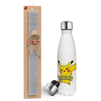 Pokemon pikachu, Easter candle, metallic white thermos bottle (500ml) & aromatic flat candle (30cm) (GRAY)