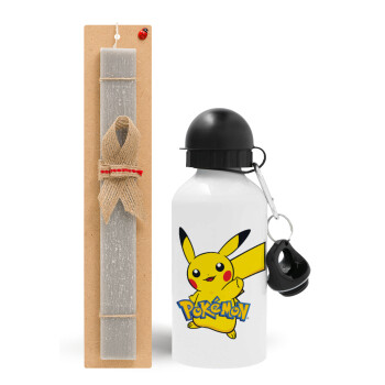 Pokemon pikachu, Easter Set, metallic aluminum water bottle (500ml) & aromatic flat Easter candle (30cm) (GRAY)