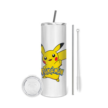 Pokemon pikachu, Eco friendly stainless steel tumbler 600ml, with metal straw & cleaning brush